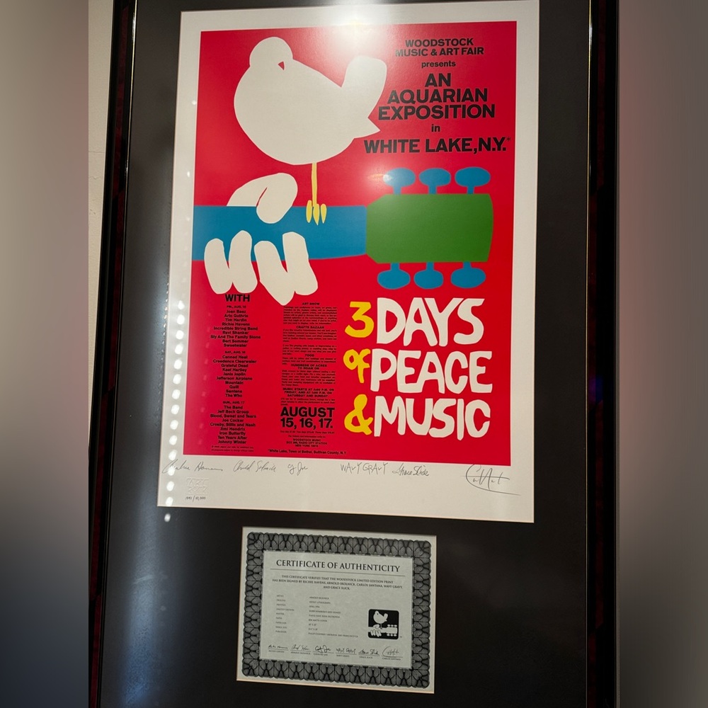 Woodstock Music & Art Festival Poster. Framed with authentic certificate.
